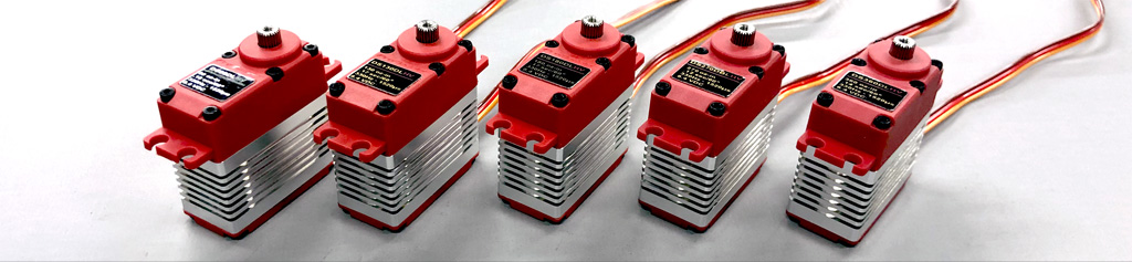 Close up photo of the ProModeler DL-series line up of five servos ranging from 90 through 360oz-in or torque