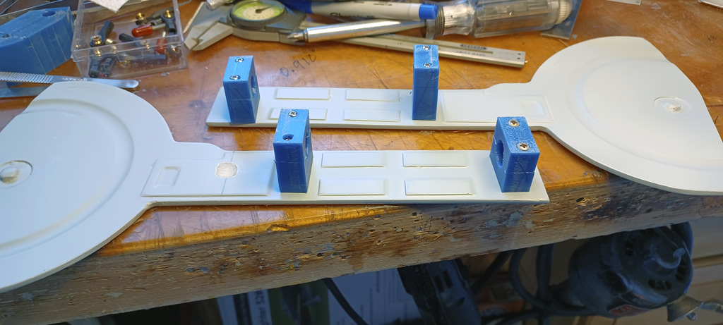 Close up of Delrin blocks made to stand the cover off the leg for the TopRC Models 5th scale A6M5 Zero main gear