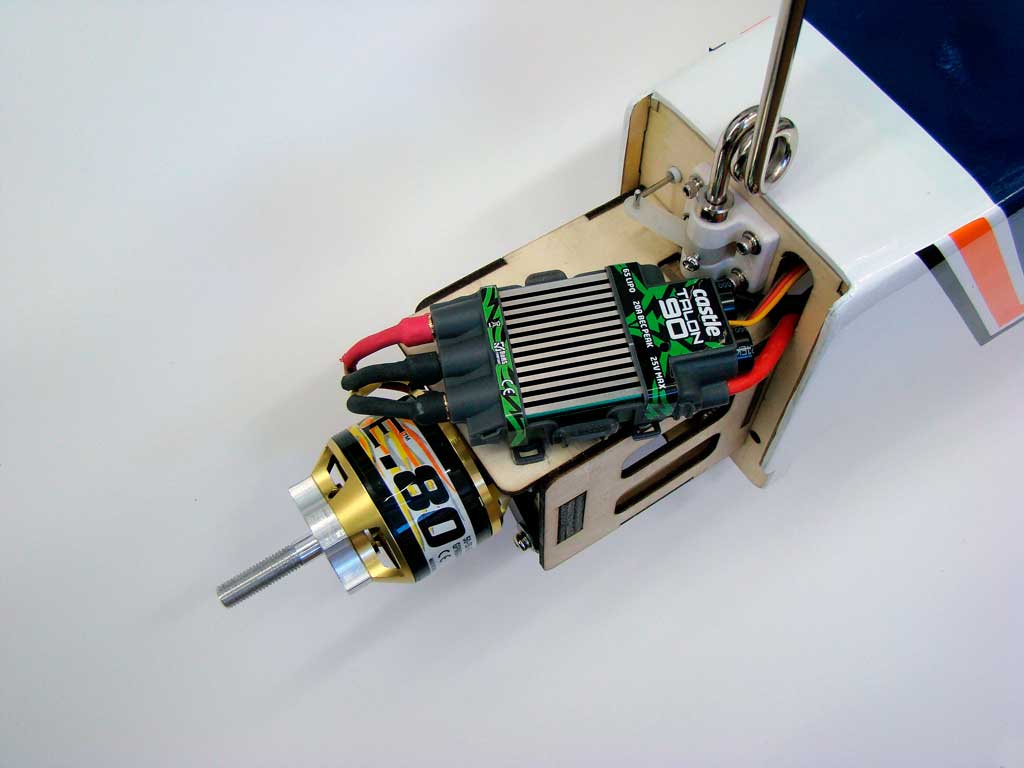 Closeup of Tower Hobbies Kaos 60 with Rimfire 80 electric propulsion and Castle Creations Talon 90 ESC in detail.