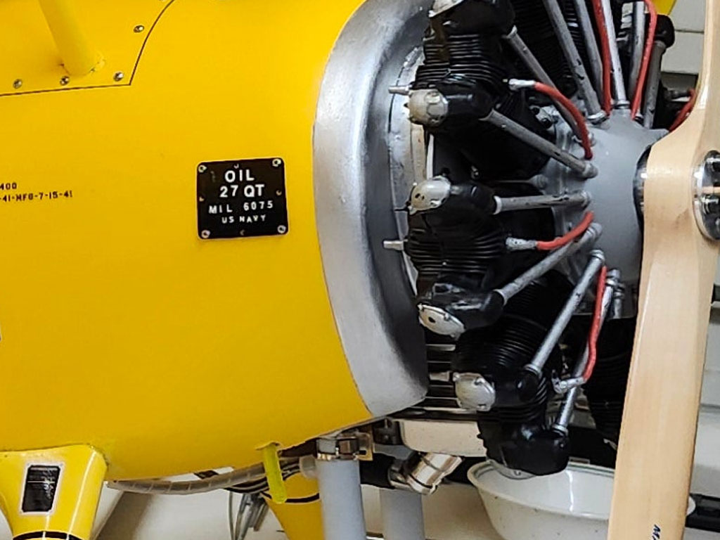 Close up of the Labell build of Ziroli 1/5th scale Stearman showing an engine placard