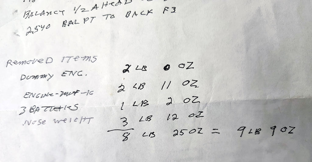 Close up of notes showing how much mass has been removed thus far from the Labell build of the Ziroli 1/5th scale Stearman PT-17