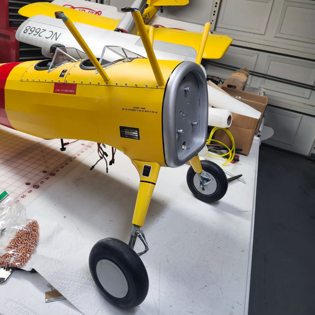 Close up photo of the Ziroli Stearman firewall painted silver ready for engine re-installaiton