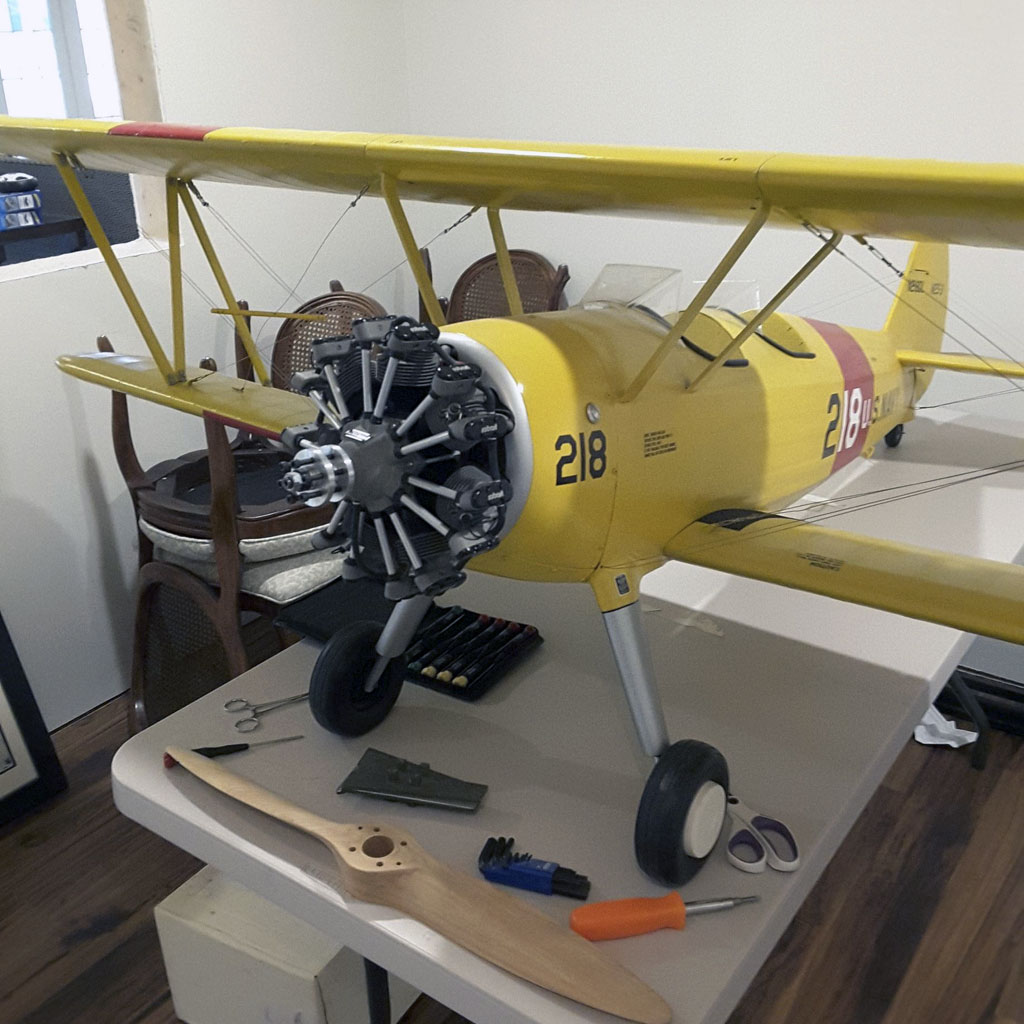 Close up photo of Flair quarter scale Stearman equipped with fabulous Robart radial
