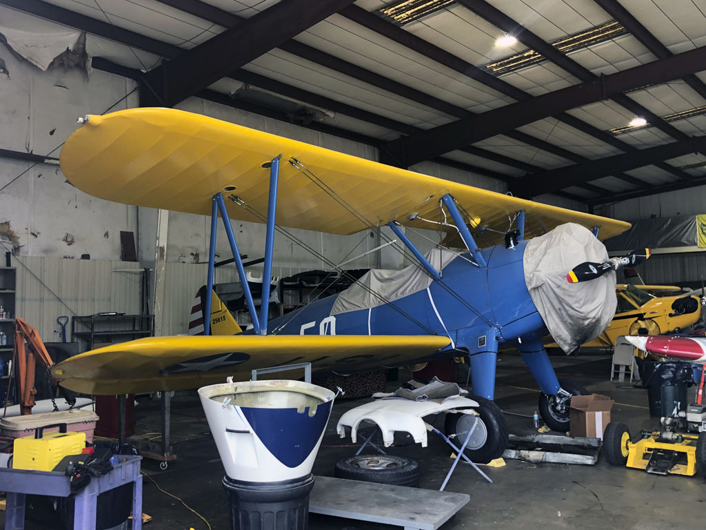 Close up of Freddy's full scale Stearman at Curtis' hnagar at KEVB