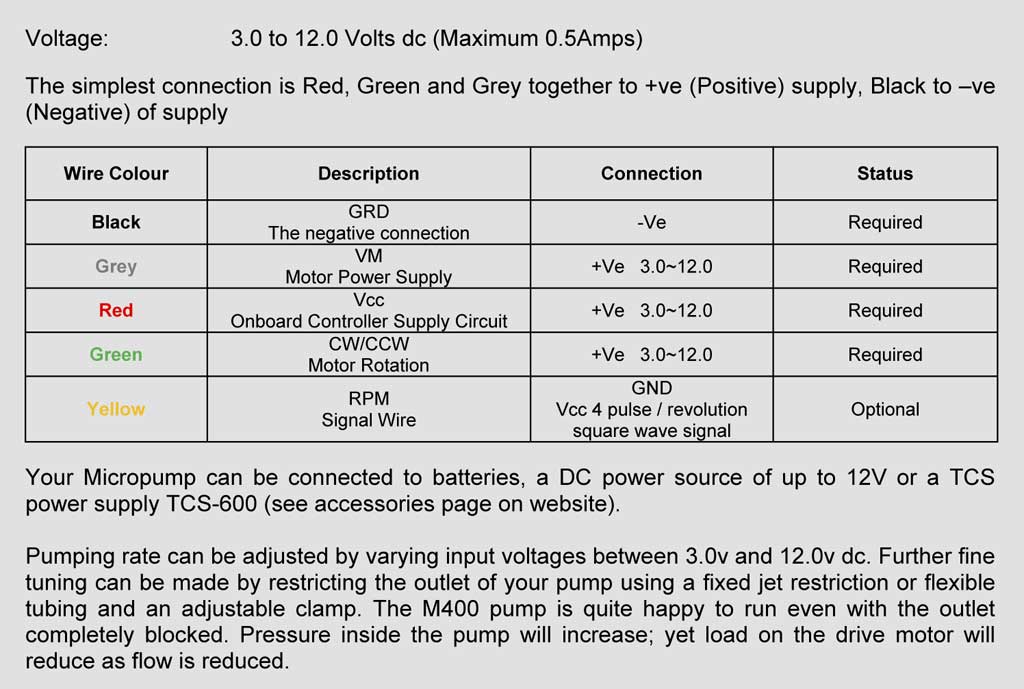 Chart showing the wiring for the TCS Micropump M400k-v