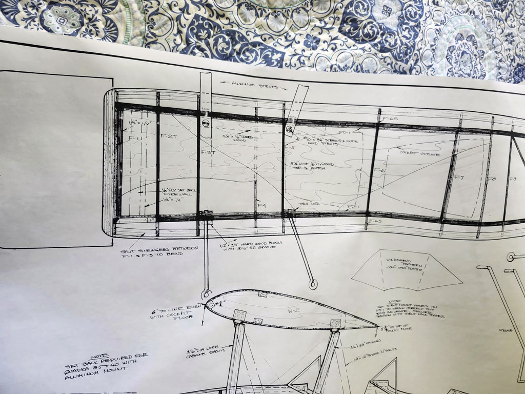 Close up photo of Ziroli 1/5th scale Stearman plans in the plan view