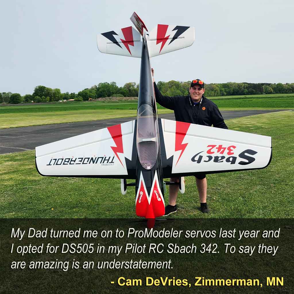 Photo of Cam DeVries with his Pilot RC Sbach 342 equipped with proModeler DS505BLHV servos
