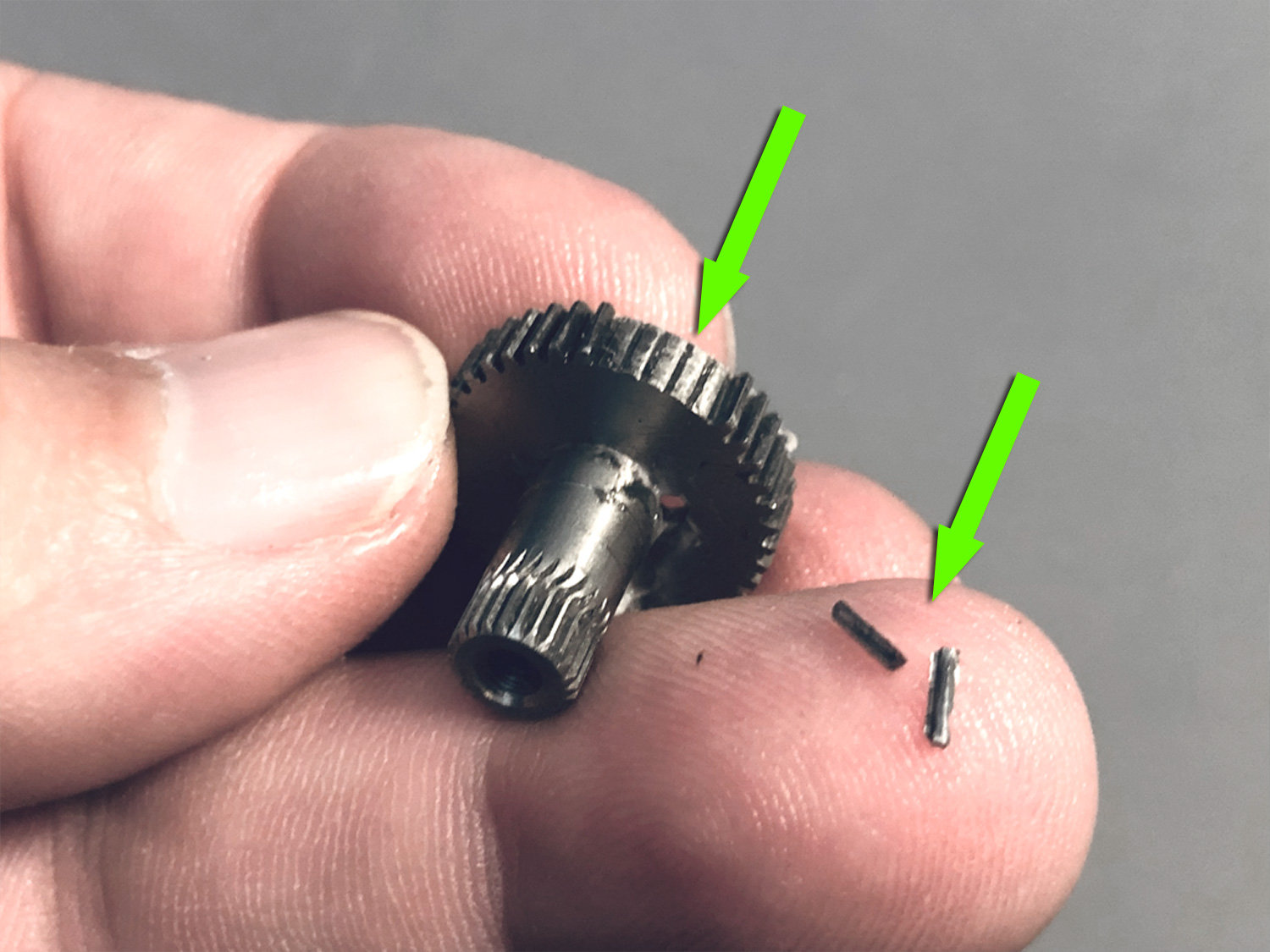 Close up photo showing the heavily damaged output gear of proModeler DS505BLHV servo