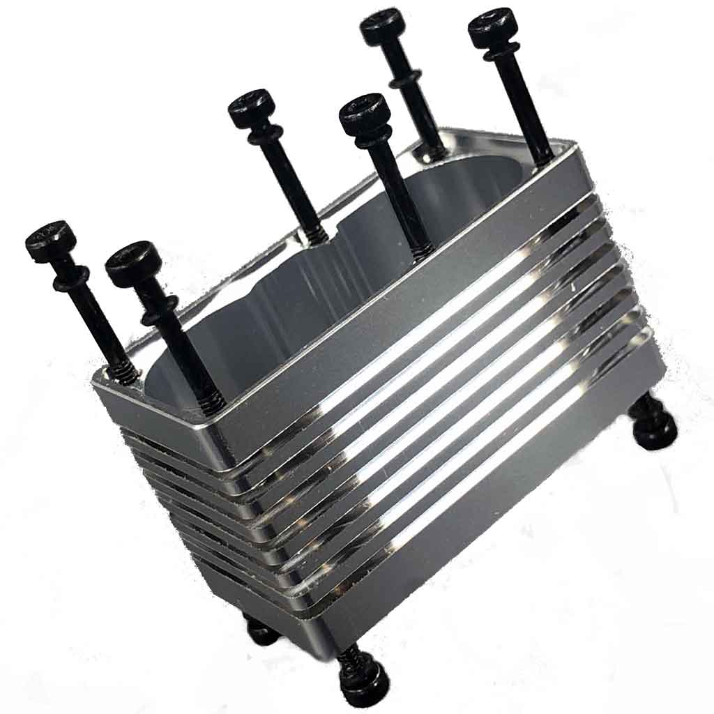 Photo of the ProModeler porcupine center case. porcupine because of the ten bolts the thread into the 6061-T6 aircraft alloy. Machined form a solid billet of aircraft alloy, this is the heart of the servo because everything is anchored to this foundation element 'and' it must shed a boat load of heat, hence the cooling fins!