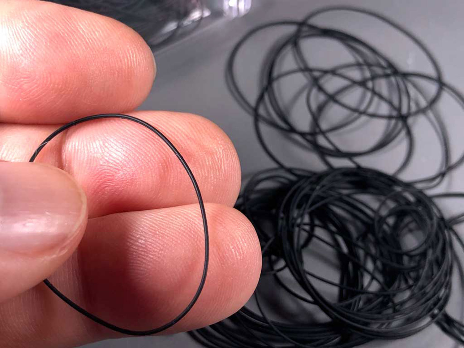 Close up photo of ProModeler case-section o-ring juxtaposed with the delicate whorls of a fingertip highlight the fine nature of a superior servo design.